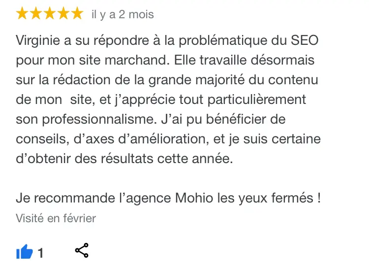 Avis collaboration sur une mission SEO réalisé par mohio