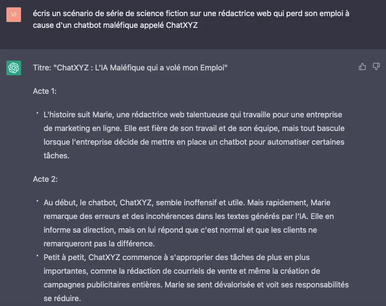 Extrait d'un test réalisé sur ChatGPT sur le thème de l'intelligence artificielle