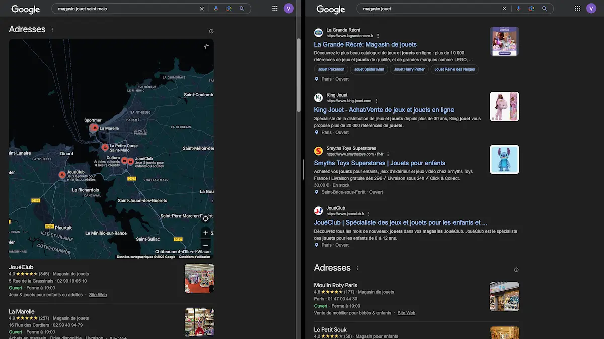 comparaison recherche Google SEO local et général pour magasin de jouet